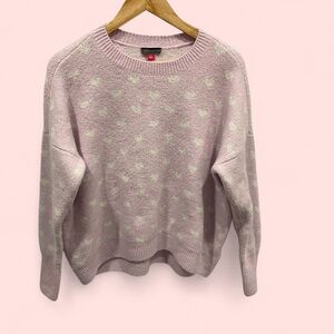 Cute vince camuto lilac pink white mini heart fuzzy soft sweater crew oversized
